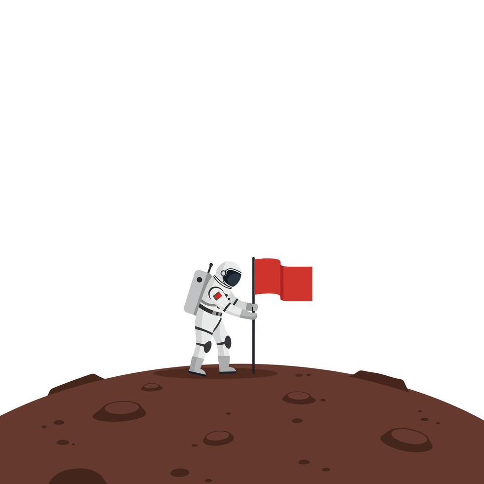 Astronaut planting red flag on lunar surface in flat art vector