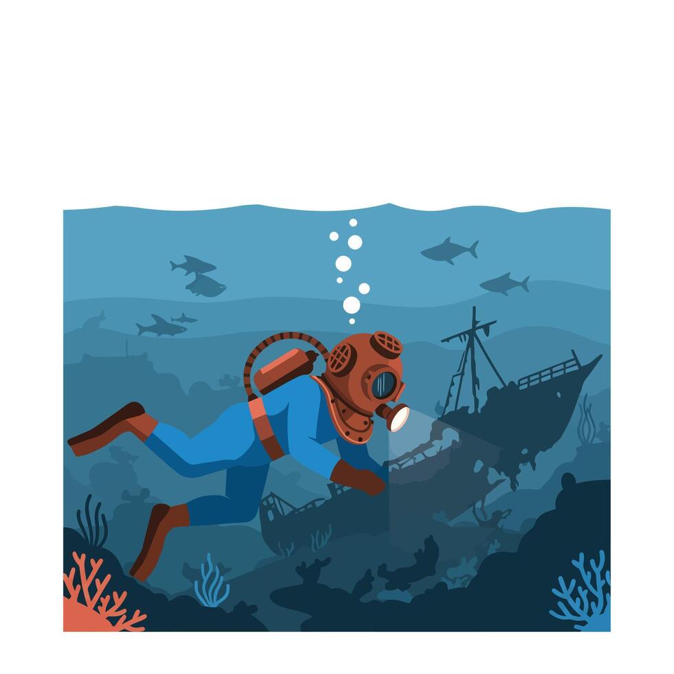 Deep sea diver exploring shipwreck in flat art style vector