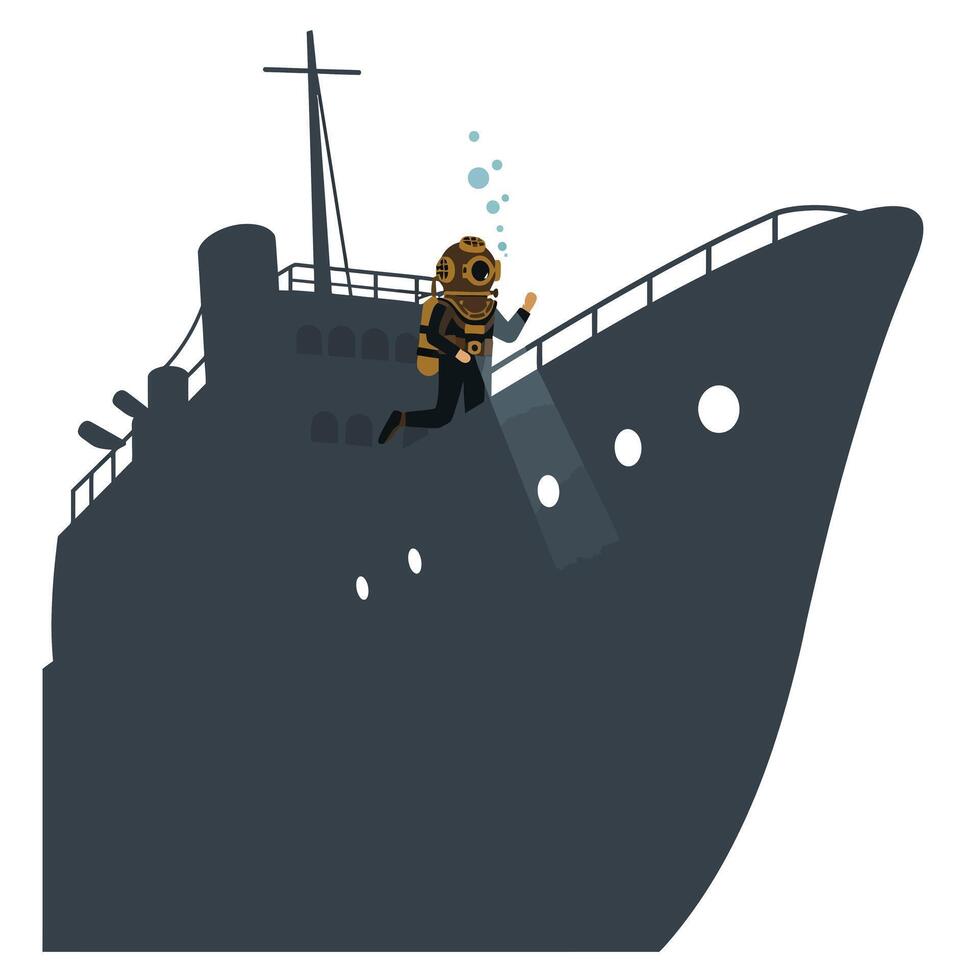 Diver exploring shipwreck in flat design with bubbles and details in illustration vector