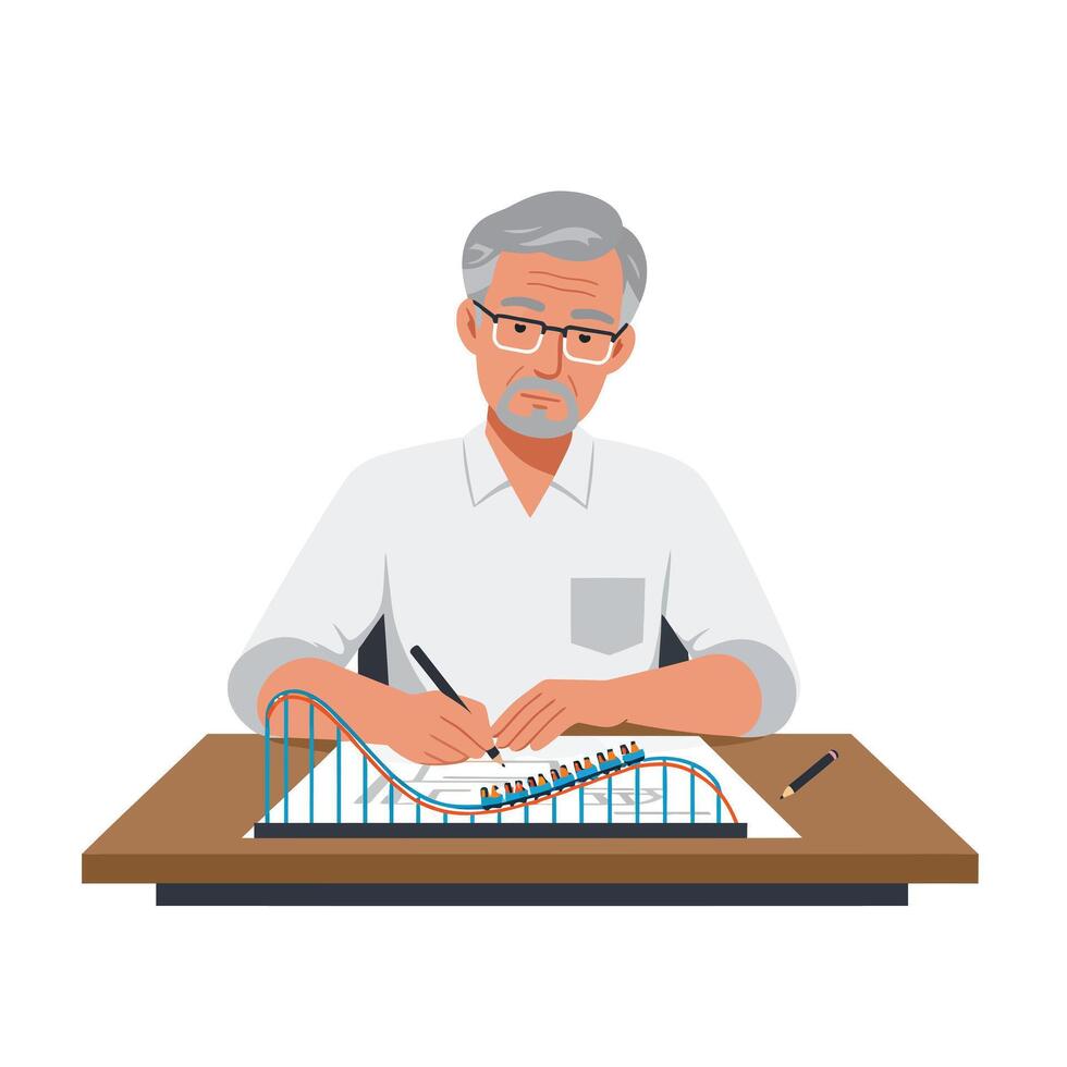 Senior man sketching roller coaster design in flat, minimal illustration vector