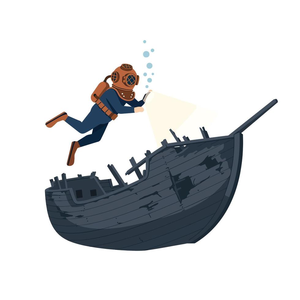 Diver exploring sunken ship in flat design art vector