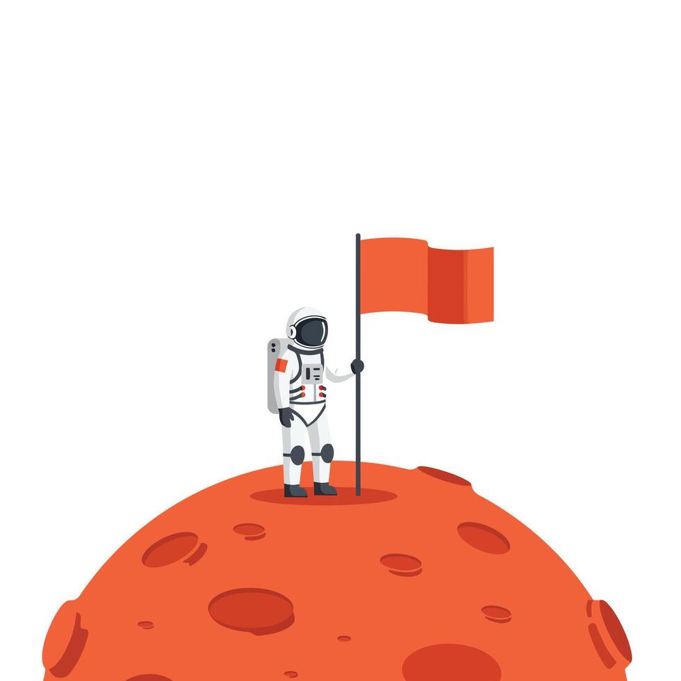 Astronaut standing on red planet with flag in flat art style illustration vector
