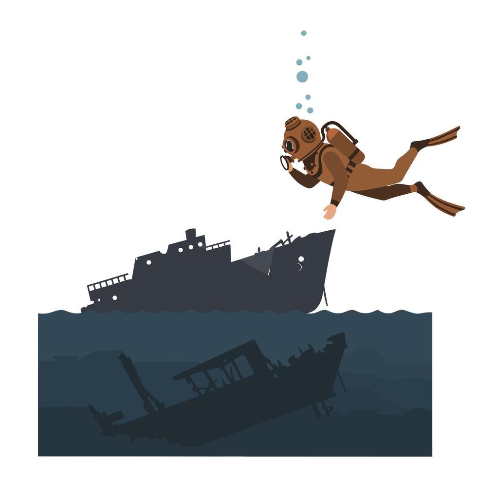 Diver exploring underwater shipwreck in flat illustration style vector