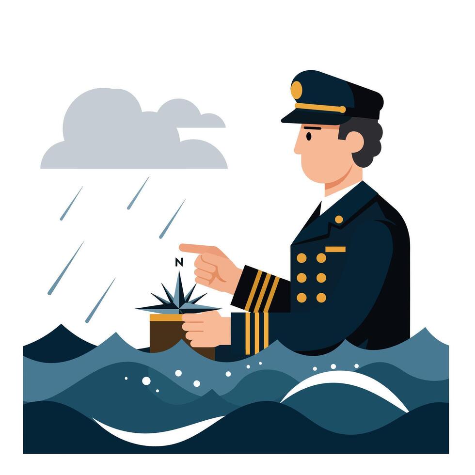 Captain in Stormy Seas with Compass and Plant in Flat Art vector