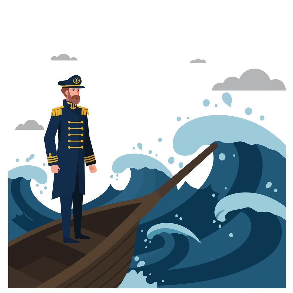 Captain navigating stormy seas in flat art style with waves and clouds vector