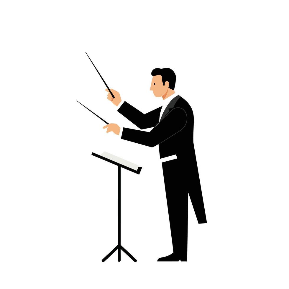 Conductor leading an orchestra in minimal flat design art vector