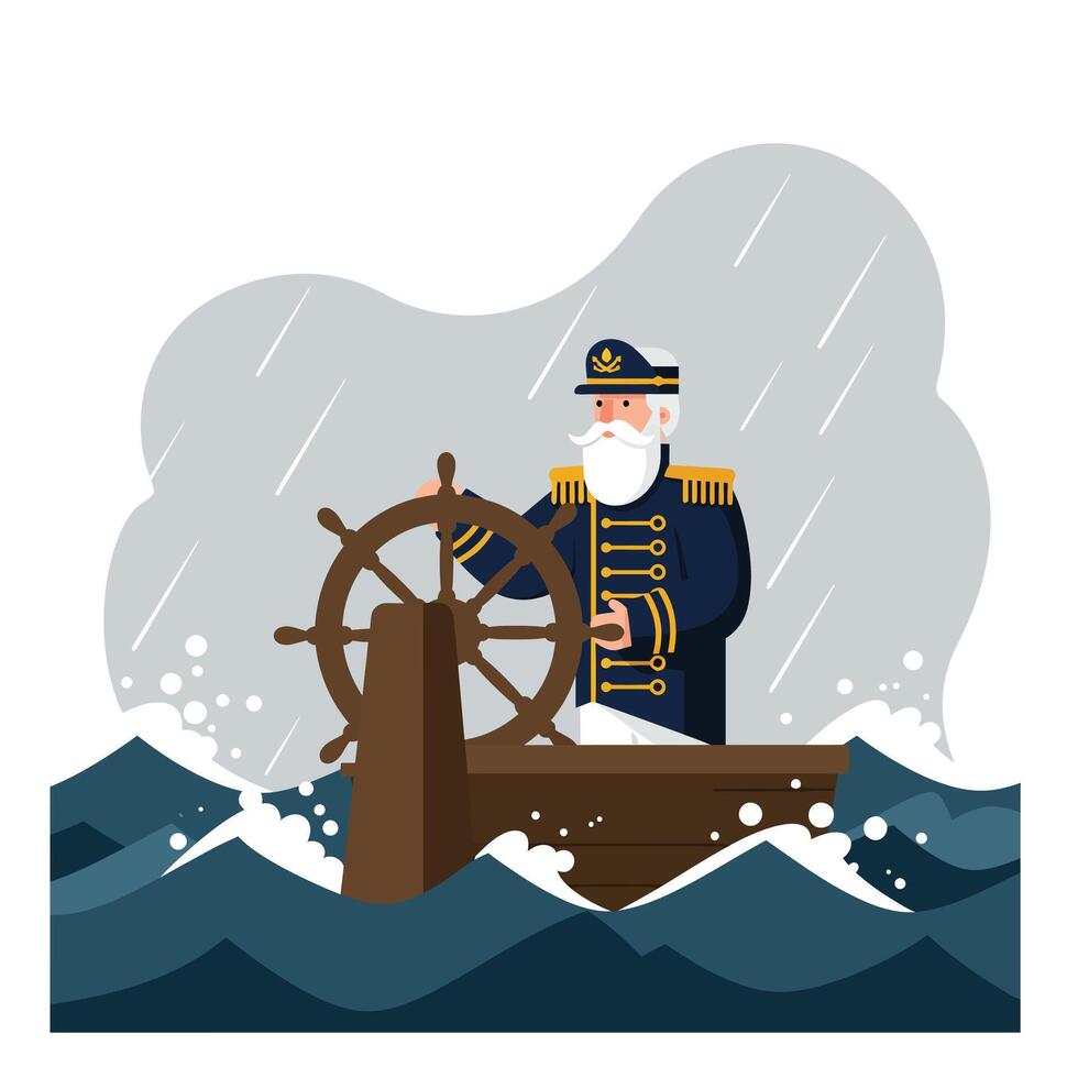 Captain navigating stormy seas with ship wheel in flat art vector