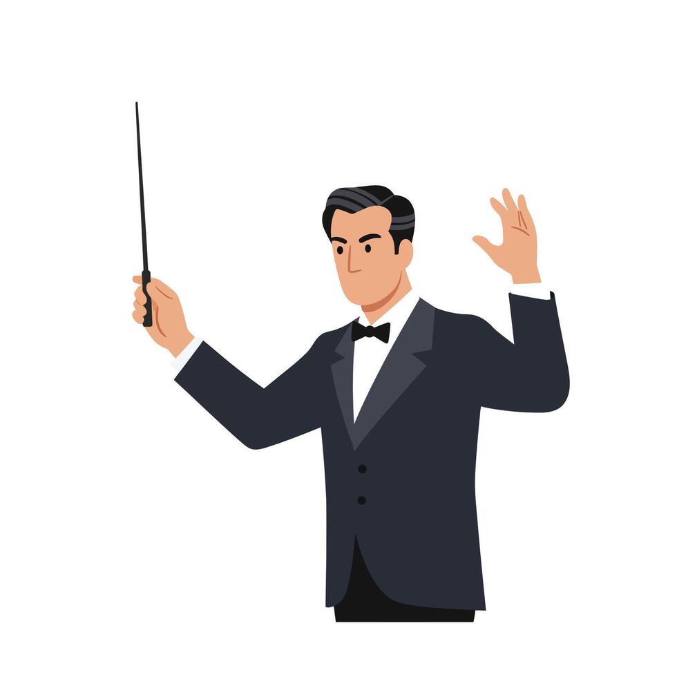 Conductor leading an orchestra in a flat, minimal, and elegant art vector