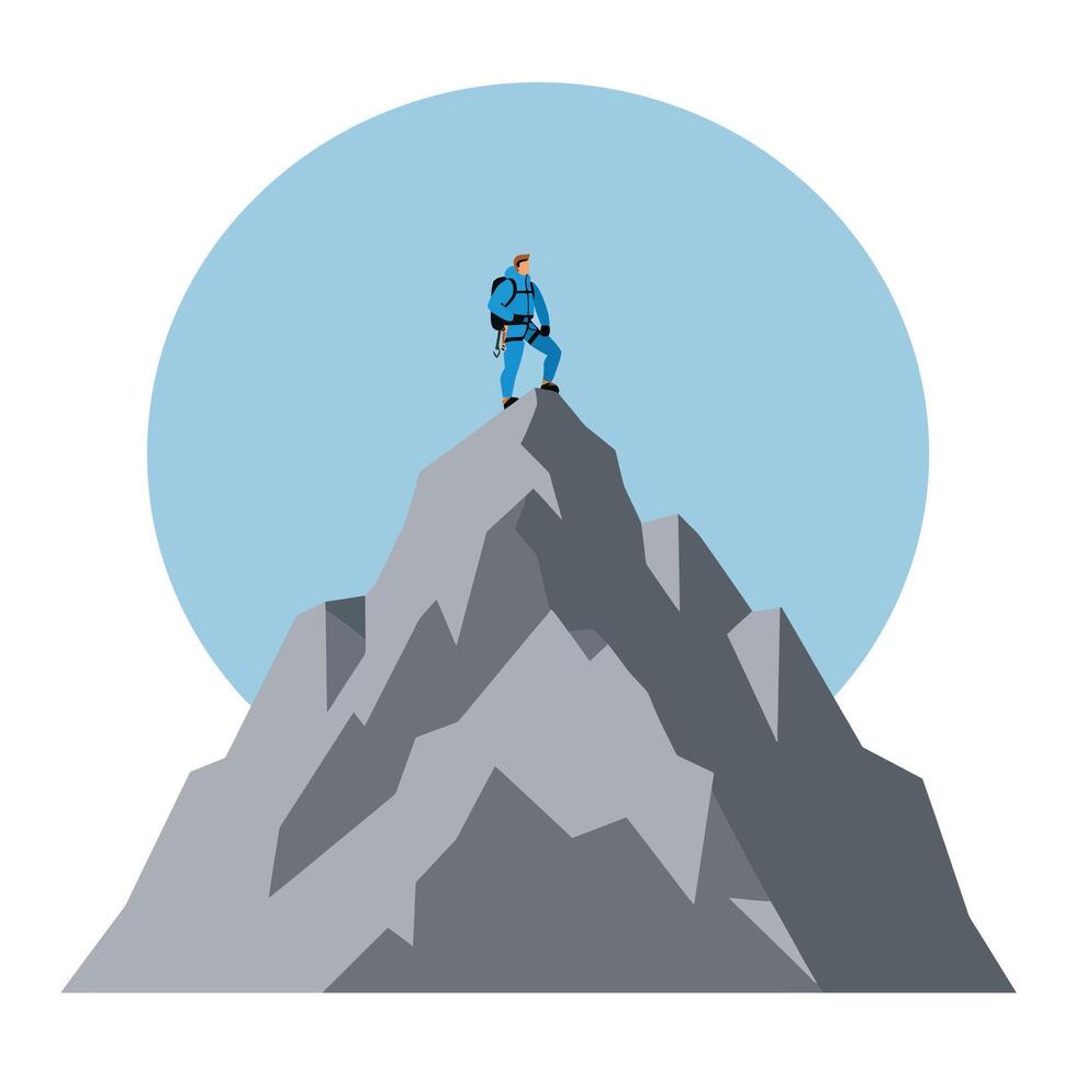 Mountain climber reaching peak in flat design style art vector