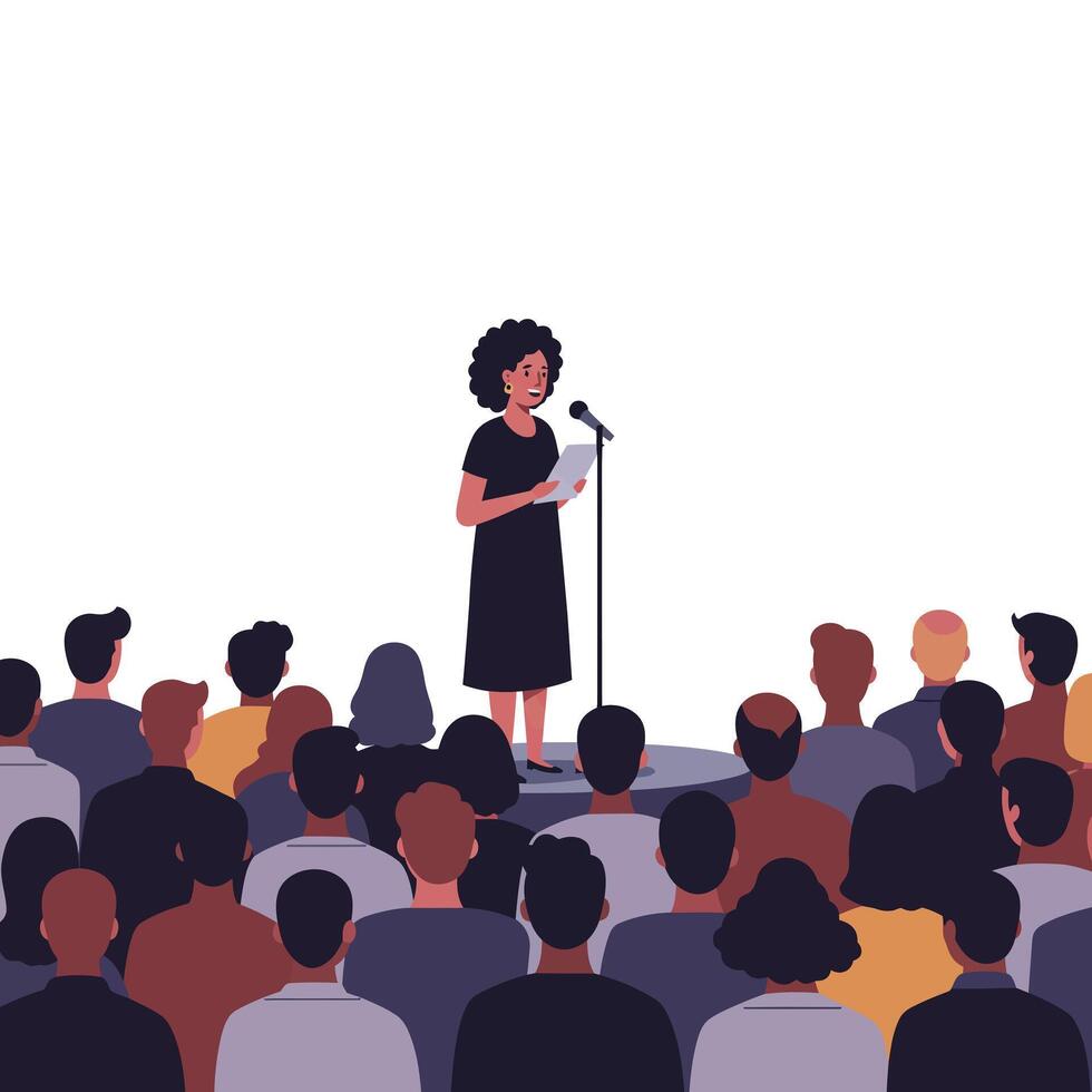Speaker addressing an audience in a flat design illustration vector