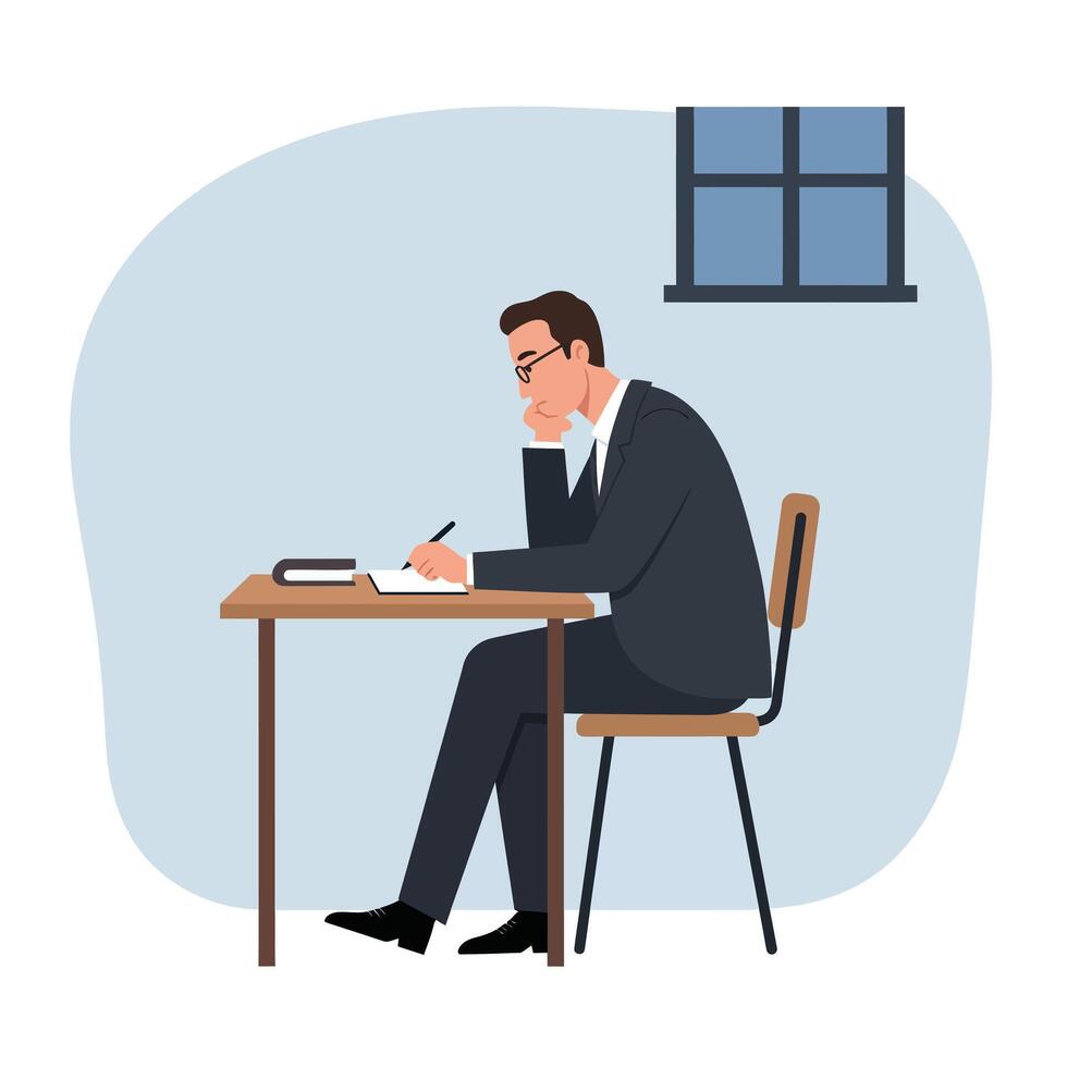 Man sitting at a desk writing notes in a minimal illustration vector
