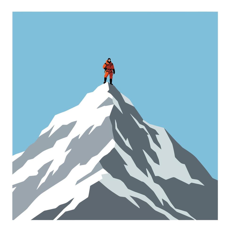 Mountain climber reaching peak in flat design style art. vector