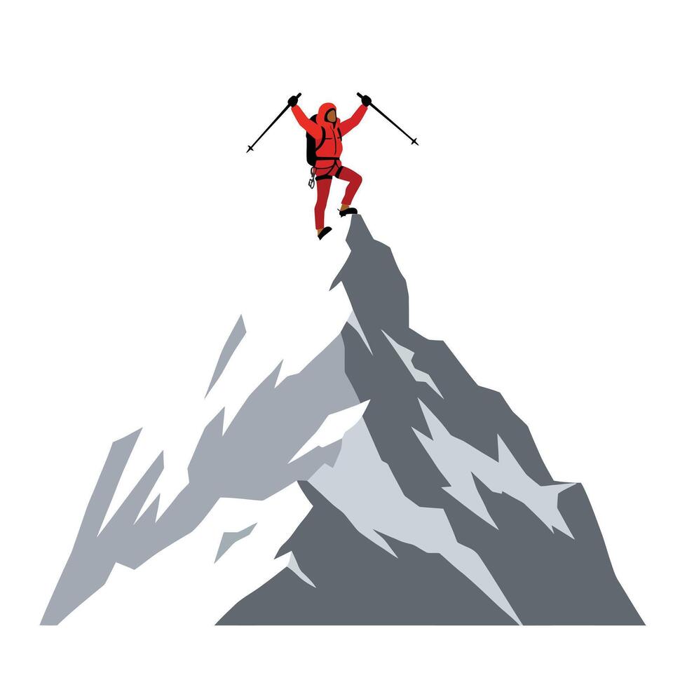 A Mountain climber reaching peak in flat design style art. vector