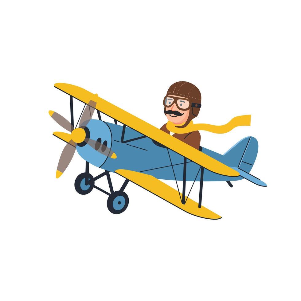Airplane pilot flying in a colorful biplane flat art vector