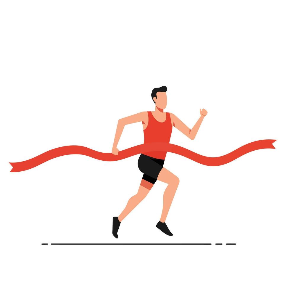 Runner crossing finish line with red ribbon in flat art vector