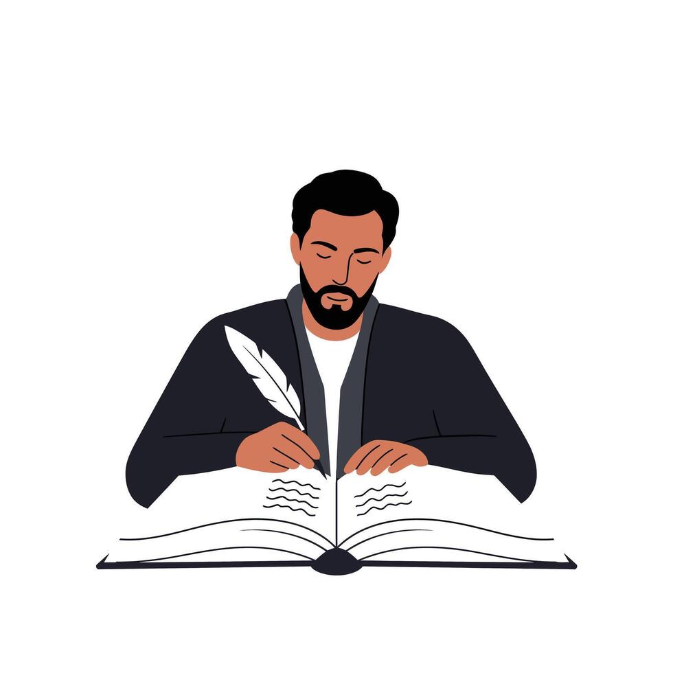 Man writing in a book with a quill in flat art style vector
