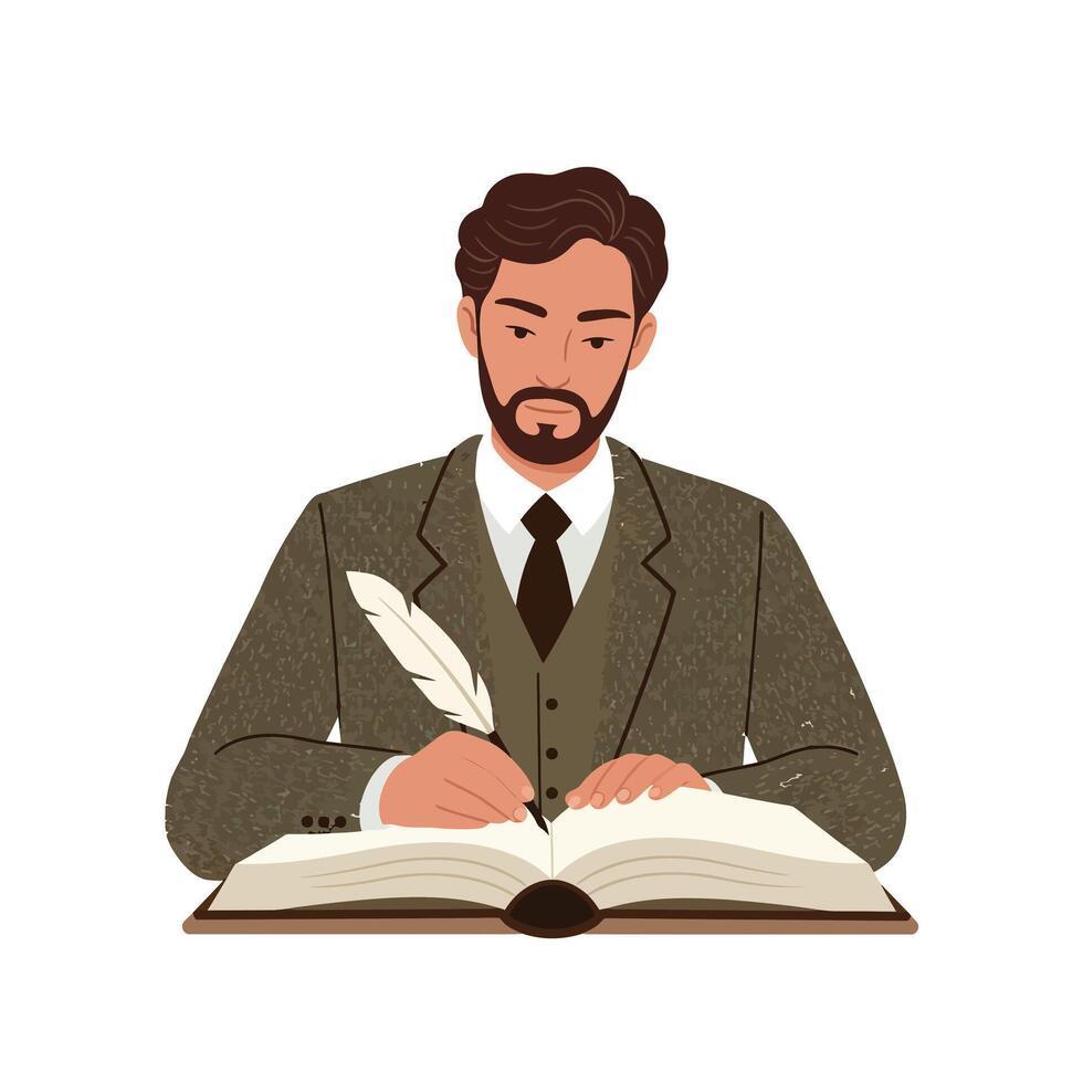 Man in suit writing in a book with a feather pen, minimal art vector
