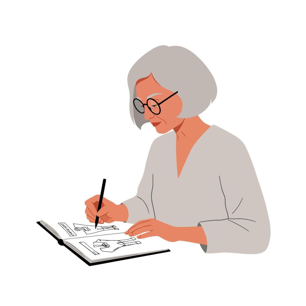Woman sketching ideas in a notebook with minimal design style art vector