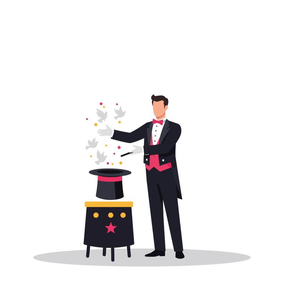 Magician performing a dazzling trick with doves in flat art vector