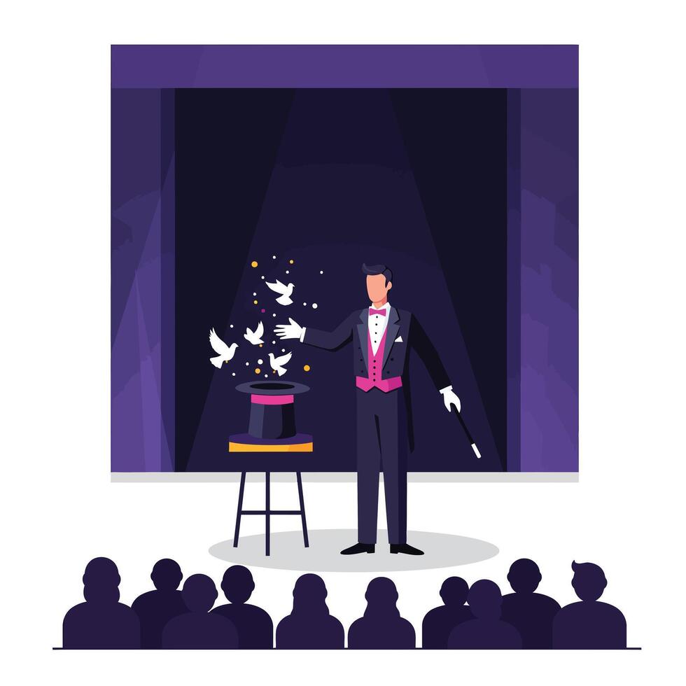 Magician performing an enchanting illusion with flying doves in flat art vector