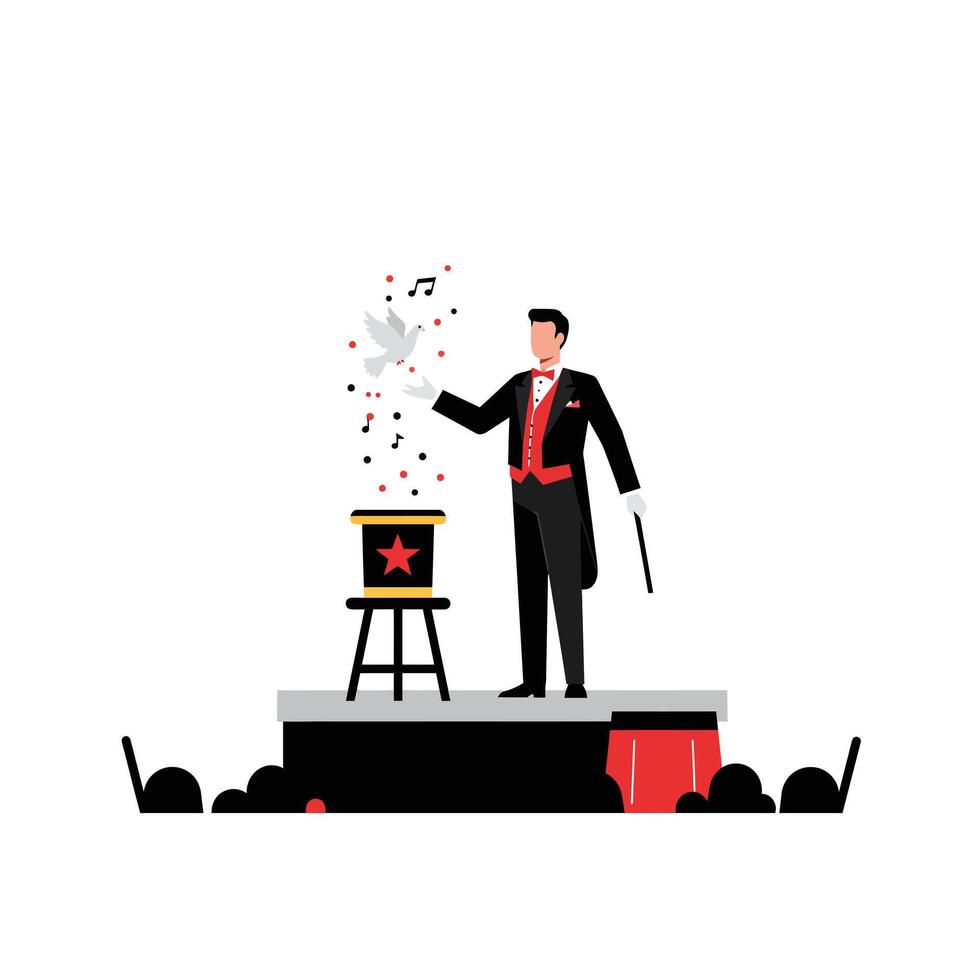 Magician performing a trick with a dove in a flat illustration vector