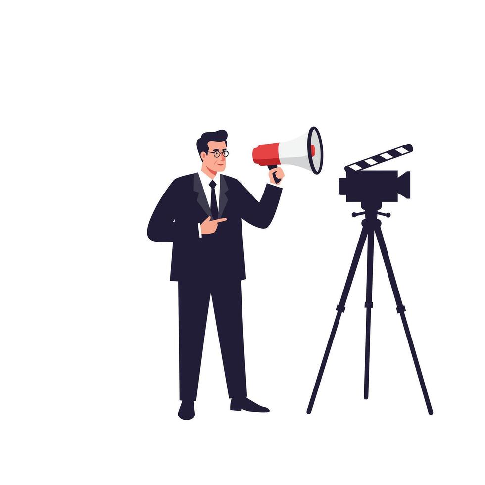 Businessman using megaphone directing film crew in flat art vector