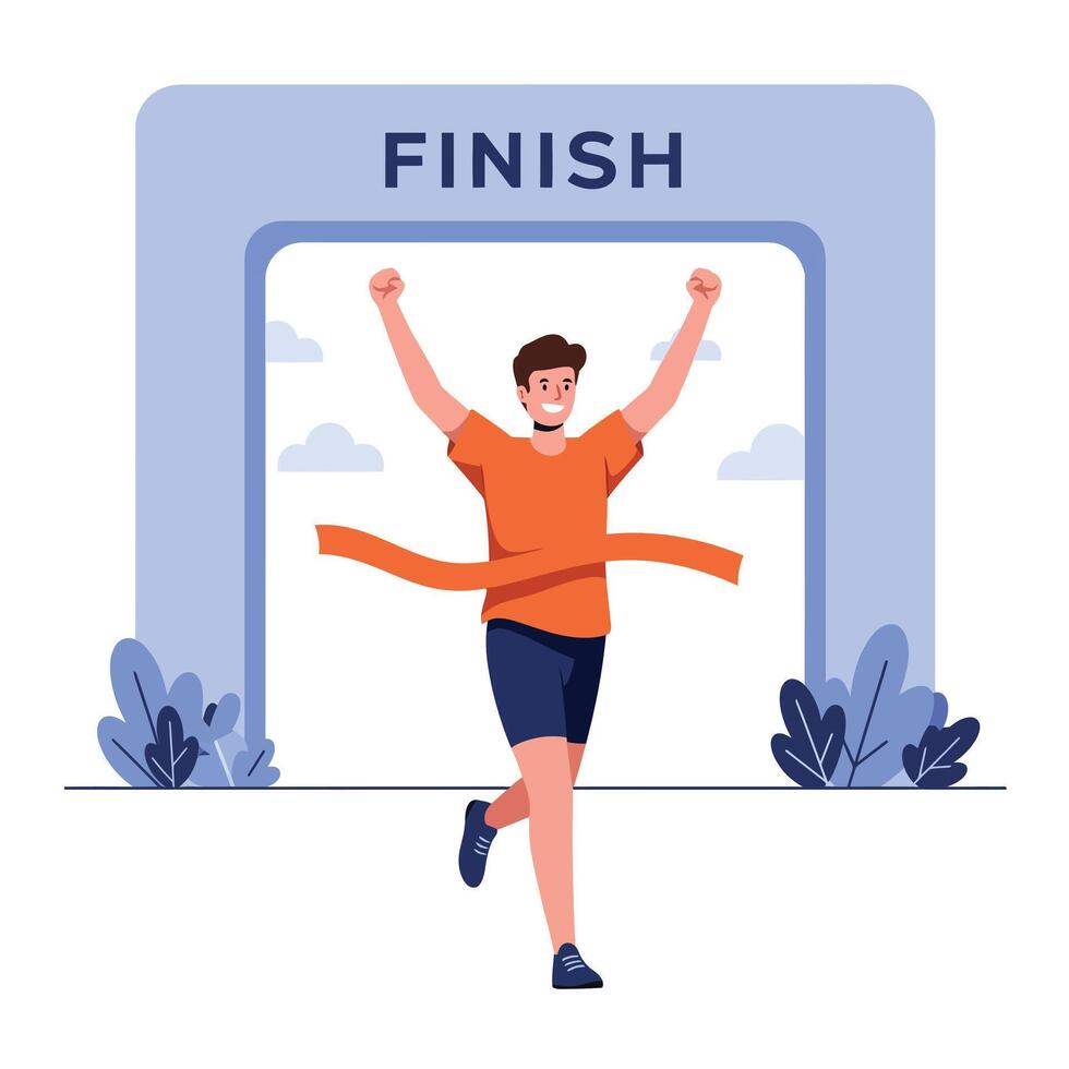 Runner crossing finish line with joyful expression in flat art vector