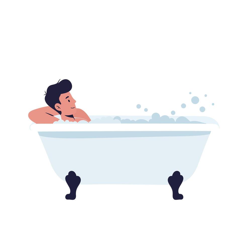 Relaxing man enjoying a bubble bath in a minimal flat art vector