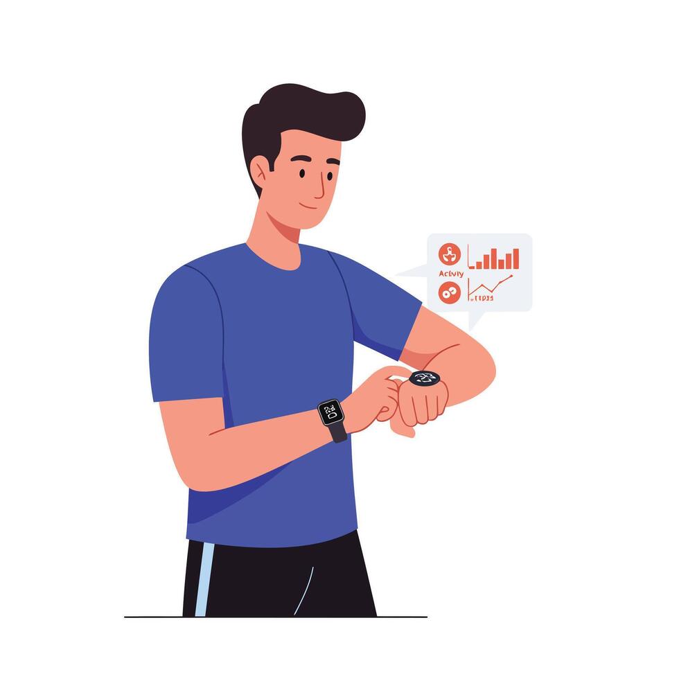 Man checking smartwatch with health data in flat and colorful art vector