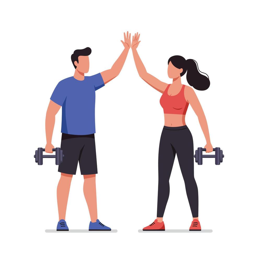 Fit couple celebrating workout success with high-five in flat art vector