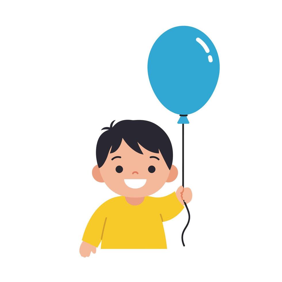 Happy child holding a blue balloon in minimal flat art vector
