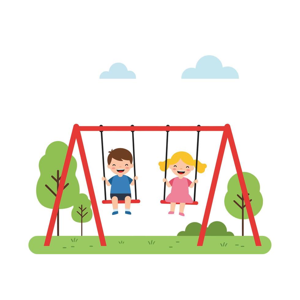 Happy children swinging in a playground with bright colors, flat design illustration vector
