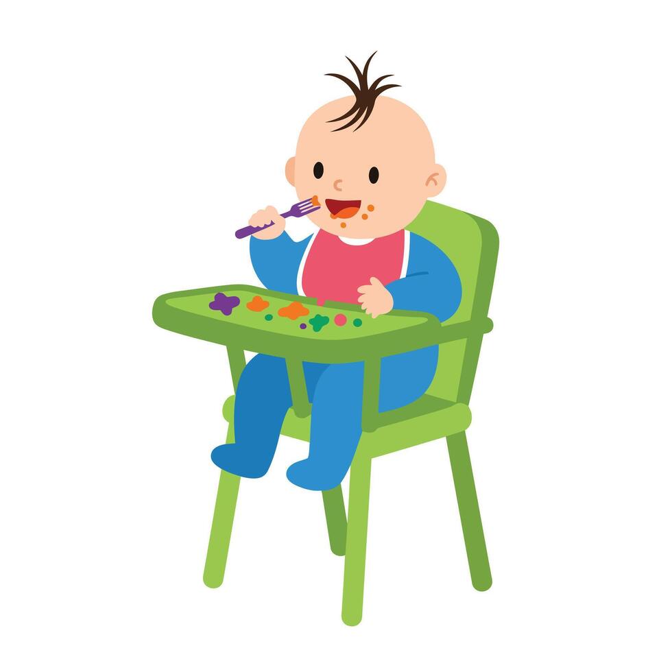 Happy baby enjoying meal in high chair with colorful food flat art vector