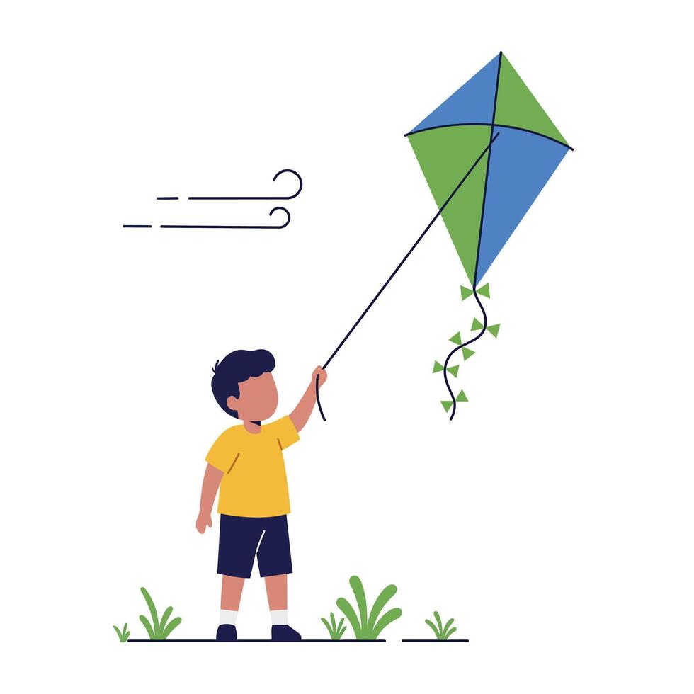 Child flying a colorful kite in a minimalist flat design art vector