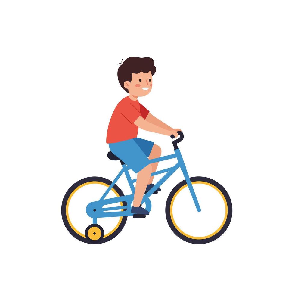 Boy riding bicycle in playful style with bright colors and simple shapes illustration vector