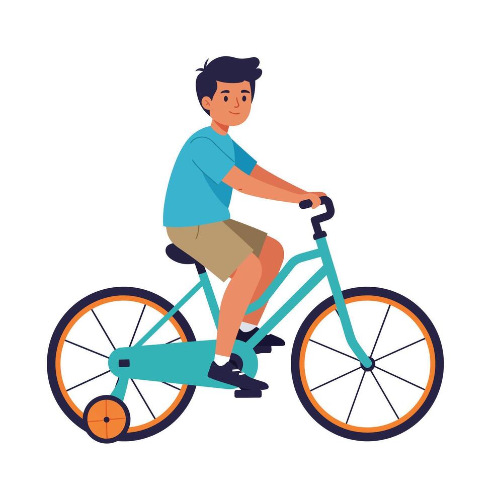 Boy riding a bicycle in flat minimal style art vector