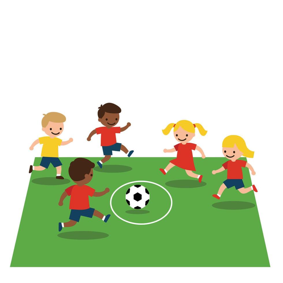 Children playing soccer in a vibrant flat style art vector
