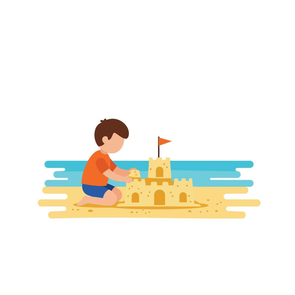 Boy building a sandcastle on the beach in a flat illustration vector