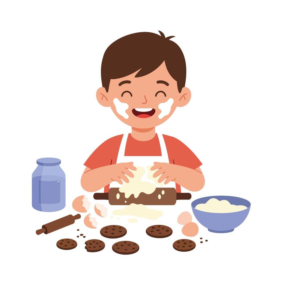Happy child baking cookies in a flat and colorful illustration vector