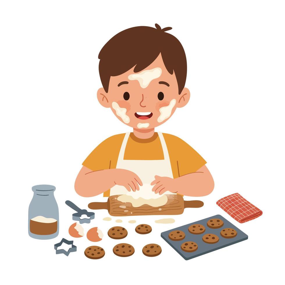 Happy child baking cookies in a cozy kitchen flat art vector
