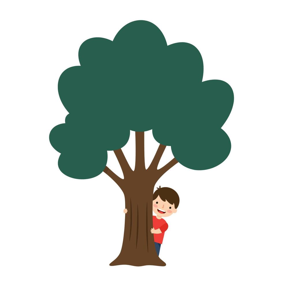 Child hugging a tree in a playful flat design art vector