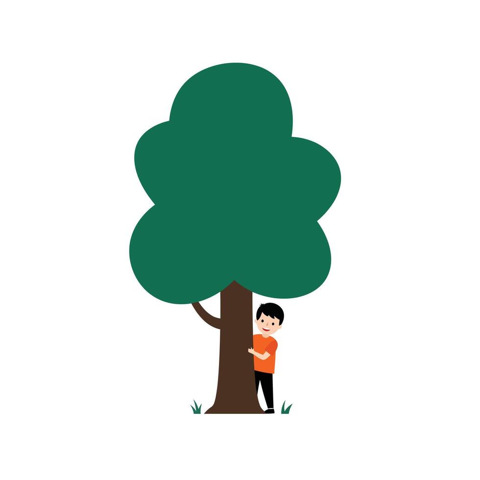 Child hugging a tree in flat and colorful art style vector