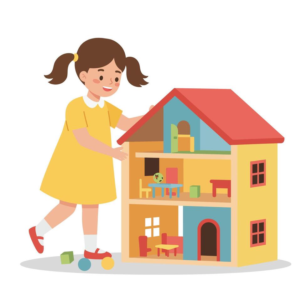Girl playing with colorful dollhouse in flat art style vector