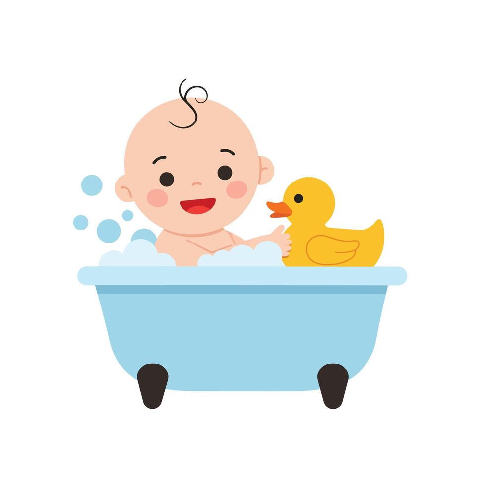 Happy baby enjoying bath time with rubber duck in flat art vector