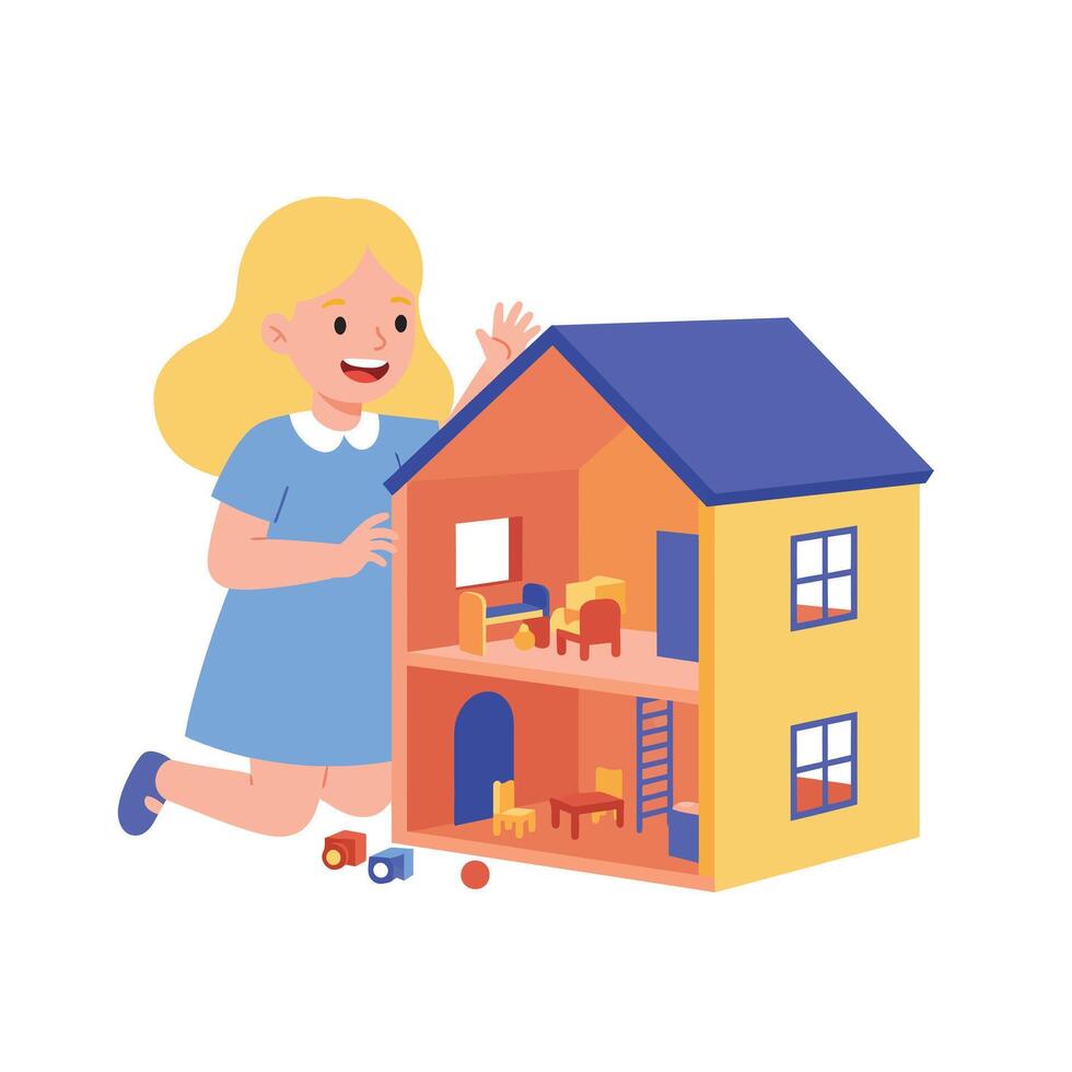 Girl playing with dollhouse in flat, colorful, cheerful art vector