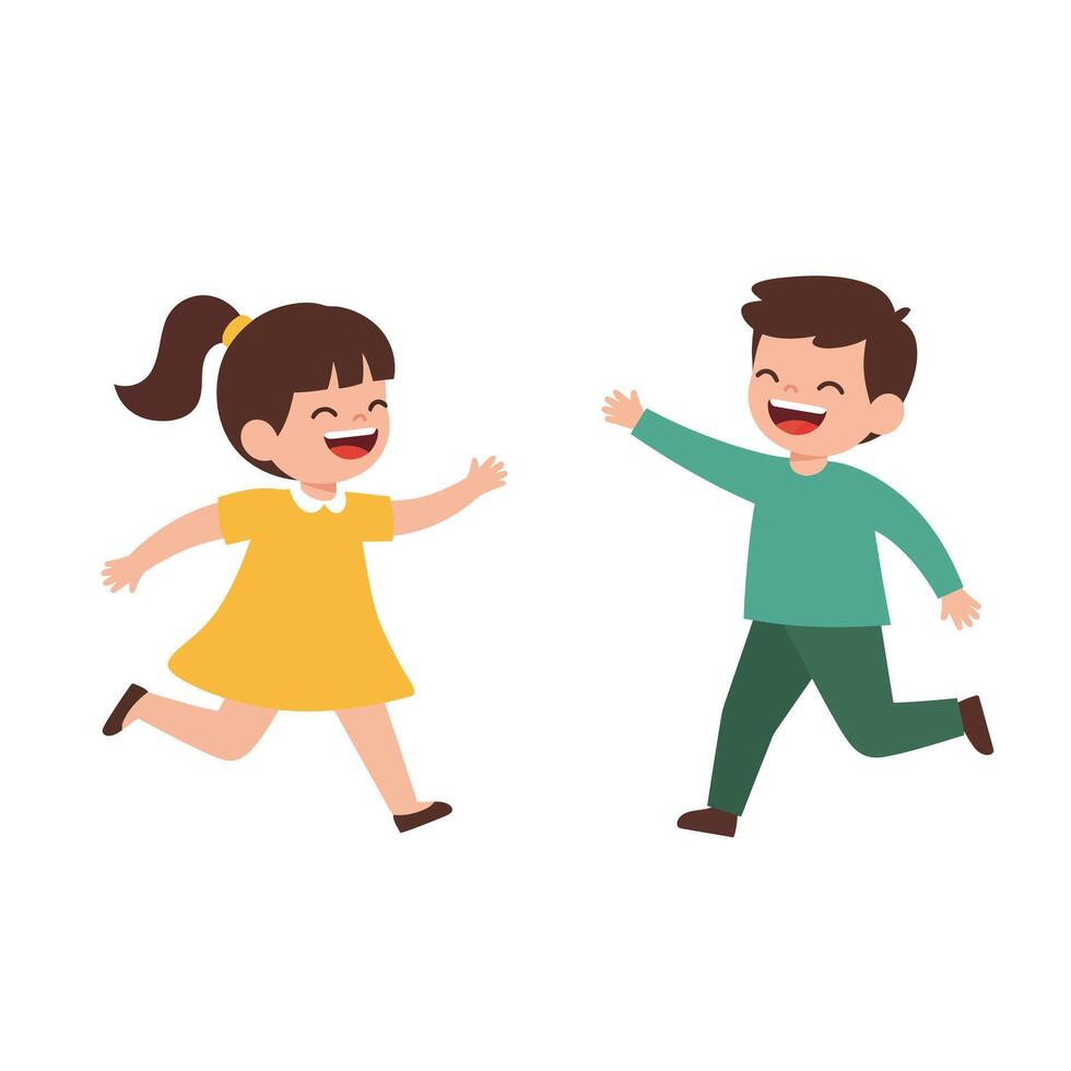 Children running joyfully in a playful scene depicted in flat art vector