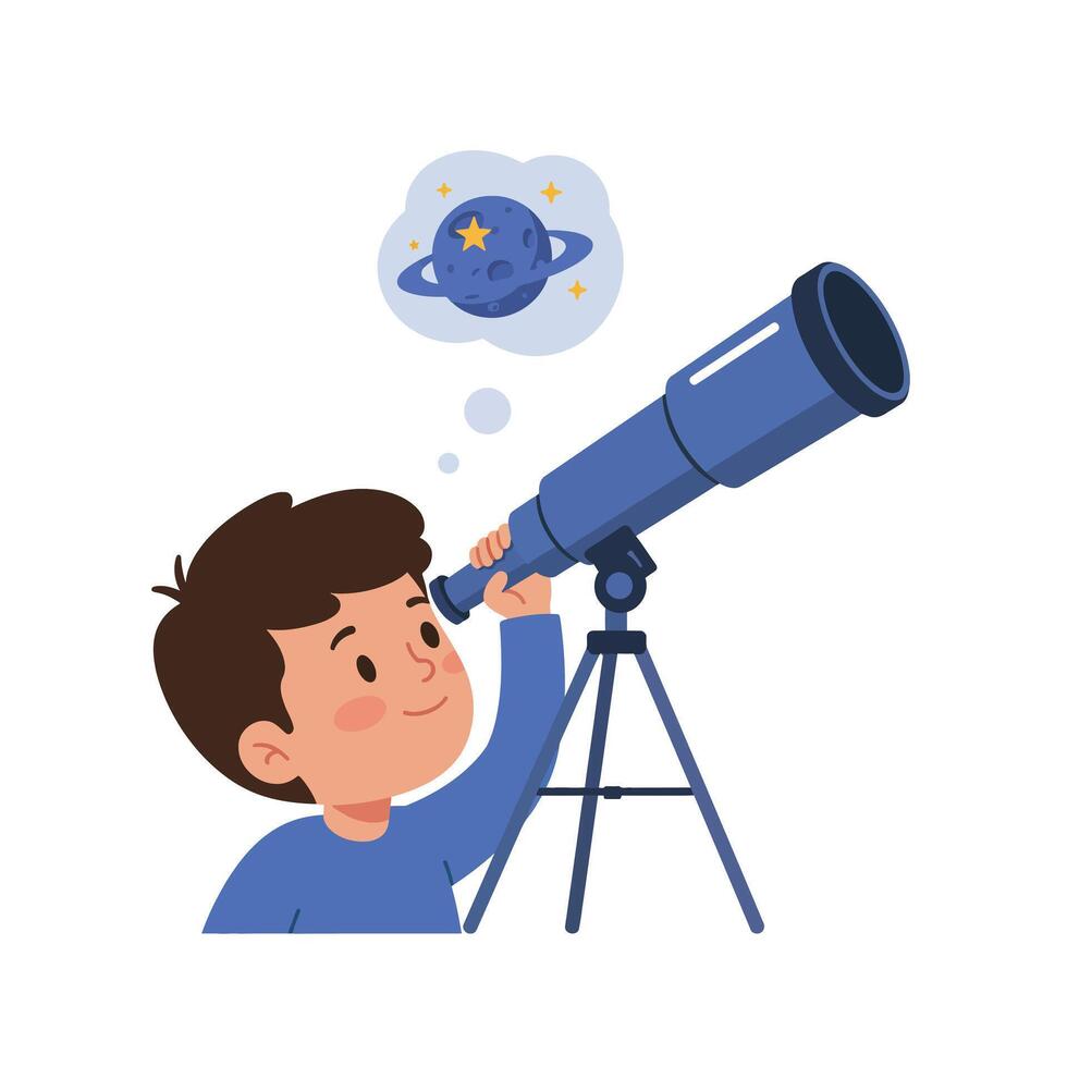 Young boy looking through telescope dreaming of planets in flat art vector