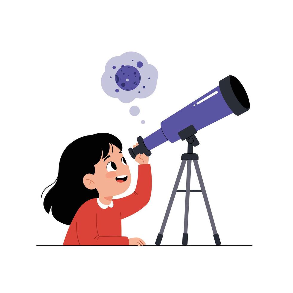Girl observing the universe through a telescope in flat art vector