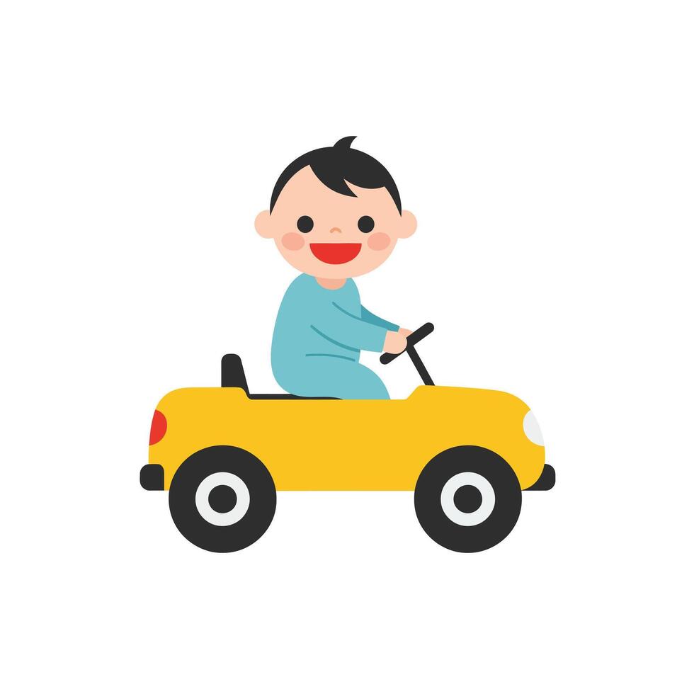 Happy child driving a yellow toy car in flat art vector