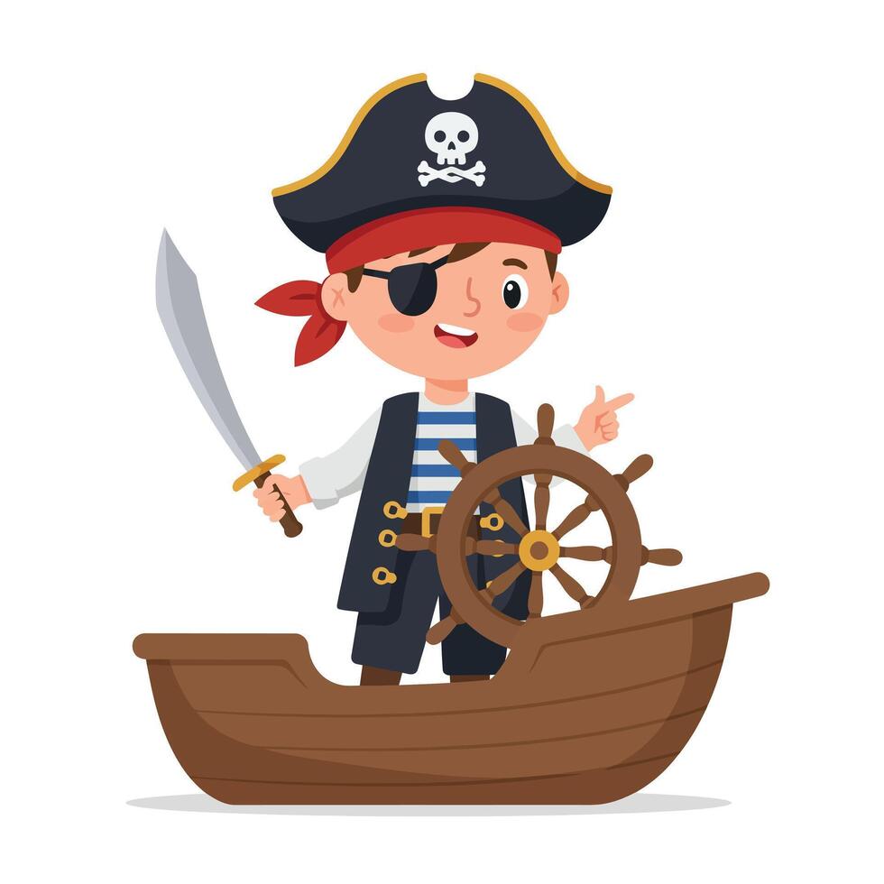 Cheerful pirate boy with sword in flat cartoon style art vector